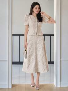 DAZY Bộ đồ 2 món dành cho nữ, gồm áo cardigan cổ tròn tay ngắn tay phồng và chân váy dài, kiểu dáng thanh lịch, thường ngày, thích hợp cho các buổi tiệc. - Màu be - Xem 3