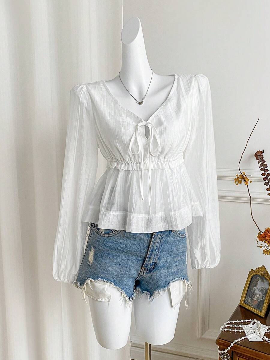SHEIN Unity Romantic, Elegant, Sweet, Cute, Soft, Graceful Lady-Like Pure Maiden Office, School, Casual, Commute, Date, Shopping, Home, Vacation Thin Transparent V-Neck Ruched Waist Long Sleeve White A-Line Blouse Top, Spring/Summer/Autumn/Winter - White - View 1