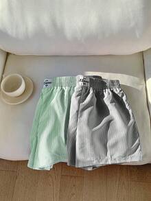 Comfortcana Bộ 2 chiếc quần short in sọc, lưng thun, có miếng vá, kiểu dáng thường ngày, đa năng. - Màu xanh chanh - Xem 4