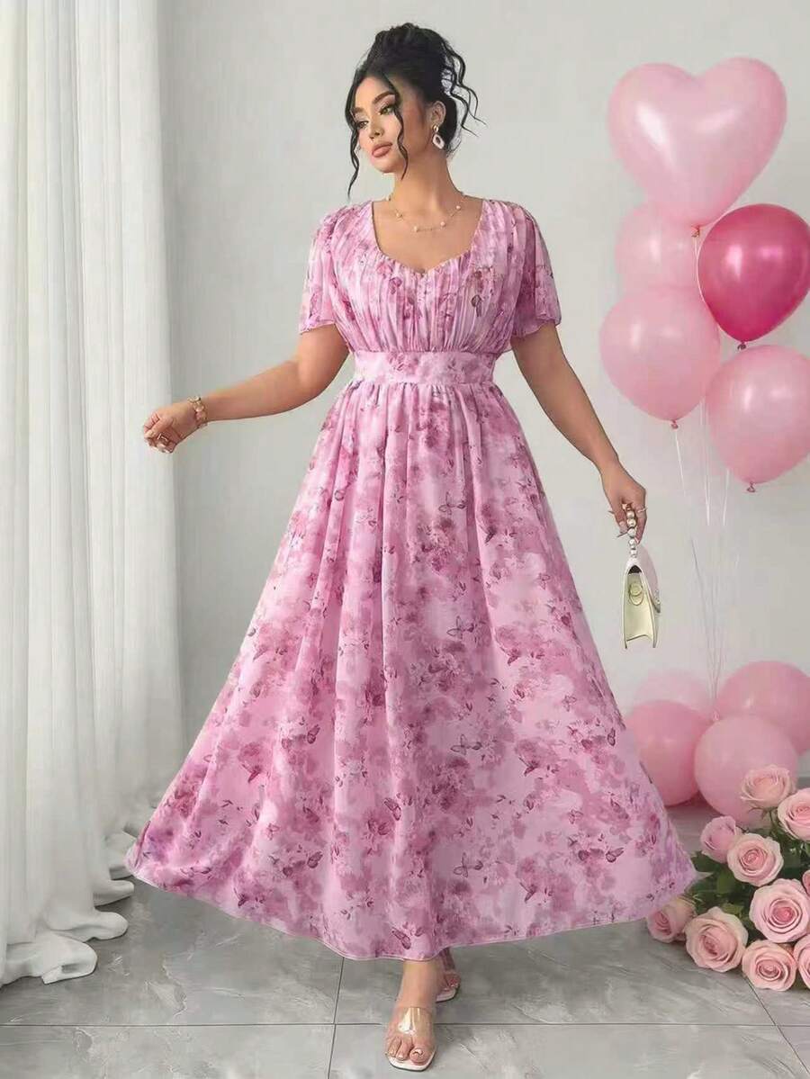 SHEIN Elenzya Đầm xòe cổ chữ V thanh lịch dành cho nữ cỡ lớn, thích hợp cho ngày Valentine. - Hồng - Xem 1
