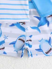 Conjunto de camiseta de protección solar y bañador con estampado de tiburón a rayas para niño pequeño, traje de baño de verano - Multicolor - Ver 4