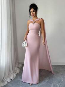 SHEIN Elenzya 优雅浪漫的镶钻搭扣装饰露背修身鱼尾连衣裙，适合派对、约会、鸡尾酒会、音乐会等场合。 - 粉色 - 查看 6