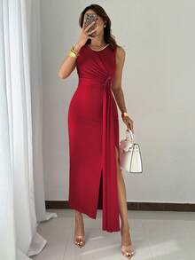 Rafferiza Đầm dạ hội dài không tay đính hạt thanh lịch dành cho nữ, đầm dự tiệc mùa hè, đầm trang trọng. - Màu Đỏ Sâu - Xem 8