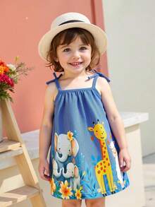 SHEIN Baby Girl Clothing Baby Girl Dress Full Floral Pattern Suspender Bow Summer Elegant And Fresh Dress - Blue - View 3