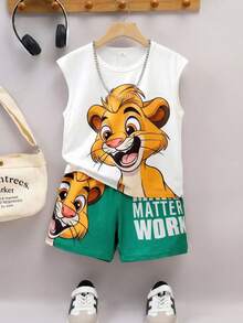 2pcs/Set Kids Boy Cartoon Lion Printed Sleeveless Tank Top+Shorts Outfit,Summer,Matching,Family Vacation White TopGreen Shorts Daily School Wear - White - View 3