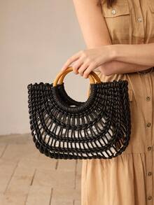 MOTF PREMIUM WOMEN'S WOVEN RING HANDLE TOTE BAG - Black - View 7