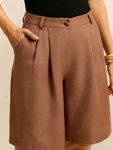 Daynim High Waist Plicated Detail Bermuda Shorts - Brown - View 3