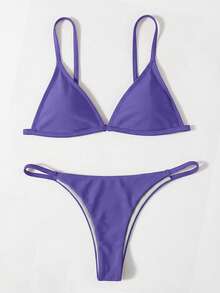 Swim Basics Solid Color Spaghetti Strap Minimalist Bikini Swimwear - Purple - View 4