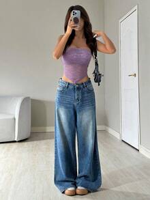 SHEIN EZwear Áo croptop không tay trễ vai gợi cảm với đường viền bất đối xứng, phối ren tím, thích hợp cho mùa xuân/hè. - Màu tím - Xem 5