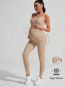 SHEIN Solid Color Sleeveless Maternity Jumpsuit, Maternity Jumpsuit, Maternity Wear - Khaki - View 1