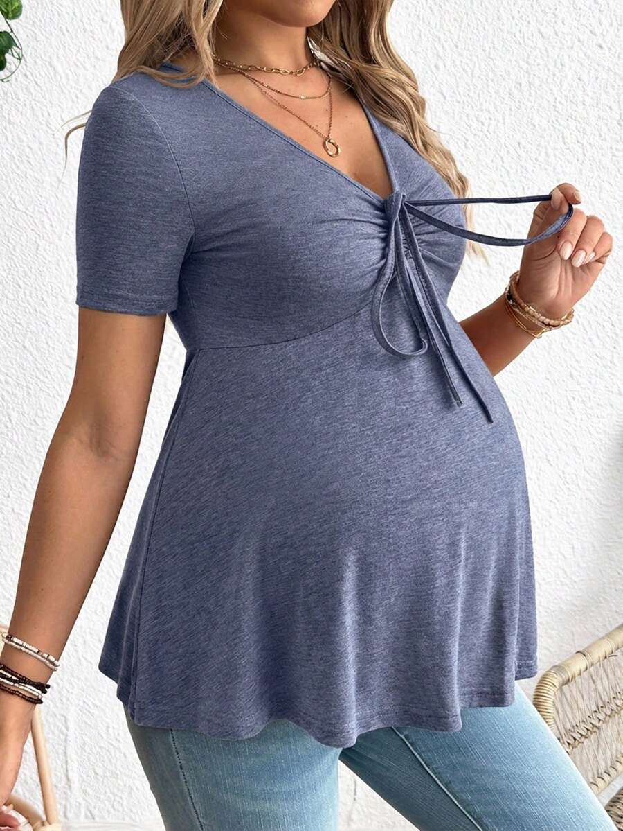 SHEIN Kaos Hamil Lengan Pendek Kasual Serbaguna dengan Leher V dan Detail Lipatan untuk Musim Gugur - Biru - View 1