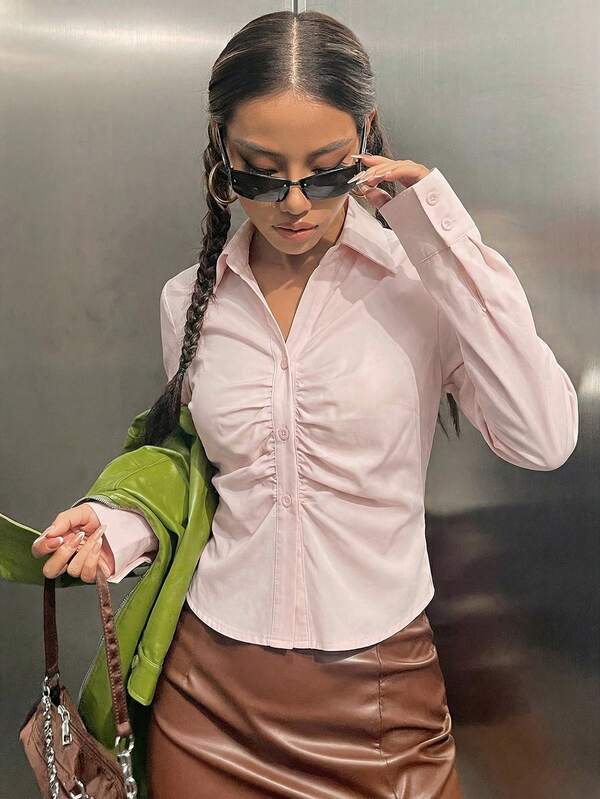 SHEIN EZwear Women's Casual, Everyday, Workwear Versatile Solid Color Long Sleeve Pleated Chest Blouse, Spring/Autumn