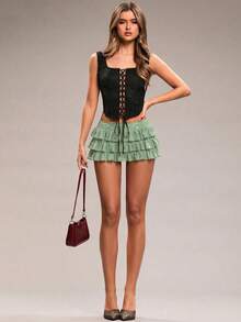 SHEIN BAE 女士黑色纯色优雅迷你裙，适合约会、夜店、闺蜜聚会、生日派对、情人节等场合，花边荷叶边迷你裙/层叠蛋糕裙迷你裙 - 薄荷綠 - 查看 6