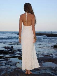 Opulessa 纯色钩编蕾丝露背吊带连衣裙，适合春夏穿着。 - 杏色 - 查看 2