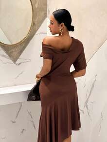 Slaydiva New Summer Style, Perfect For Birthday Parties, Back-To-School, Preppy, Student Wear, Everyday Outings, Basic And Versatile, Casual, Vacation, Cruise Travel, Beach, Seaside, Sunbathing, Online Style, Streetwear, Millennial Y2K Sexy Girl, Open Shoulder Ruffled Asymmetrical Hem Light Brown Dress - A - Brown - View 2