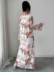 Yasmyna Vestido maxi de gasa holgado con estampado floral de cuentas y rhinestones, estilo árabe romántico para vacaciones - Multicolor - Ver 2