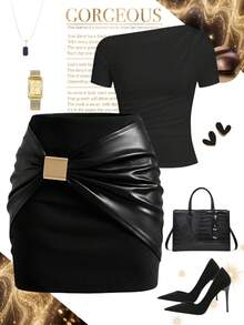 Ellevyn Women's Metal Buckle Patchwork Skirt - Black - View 1