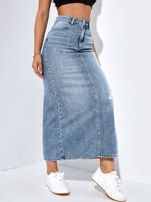 EMERY ROSE Plus Size Women Casual Fashion Street Chic Daily Commute High Waist Distressed Slit Hem Denim Skirt - Blue - View 5