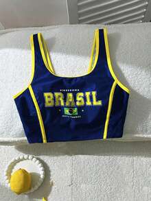 Swim Vcay 女士夏季沙滩休闲度假巴西字母印花泳衣上衣 - 藏蓝色 - 查看 1