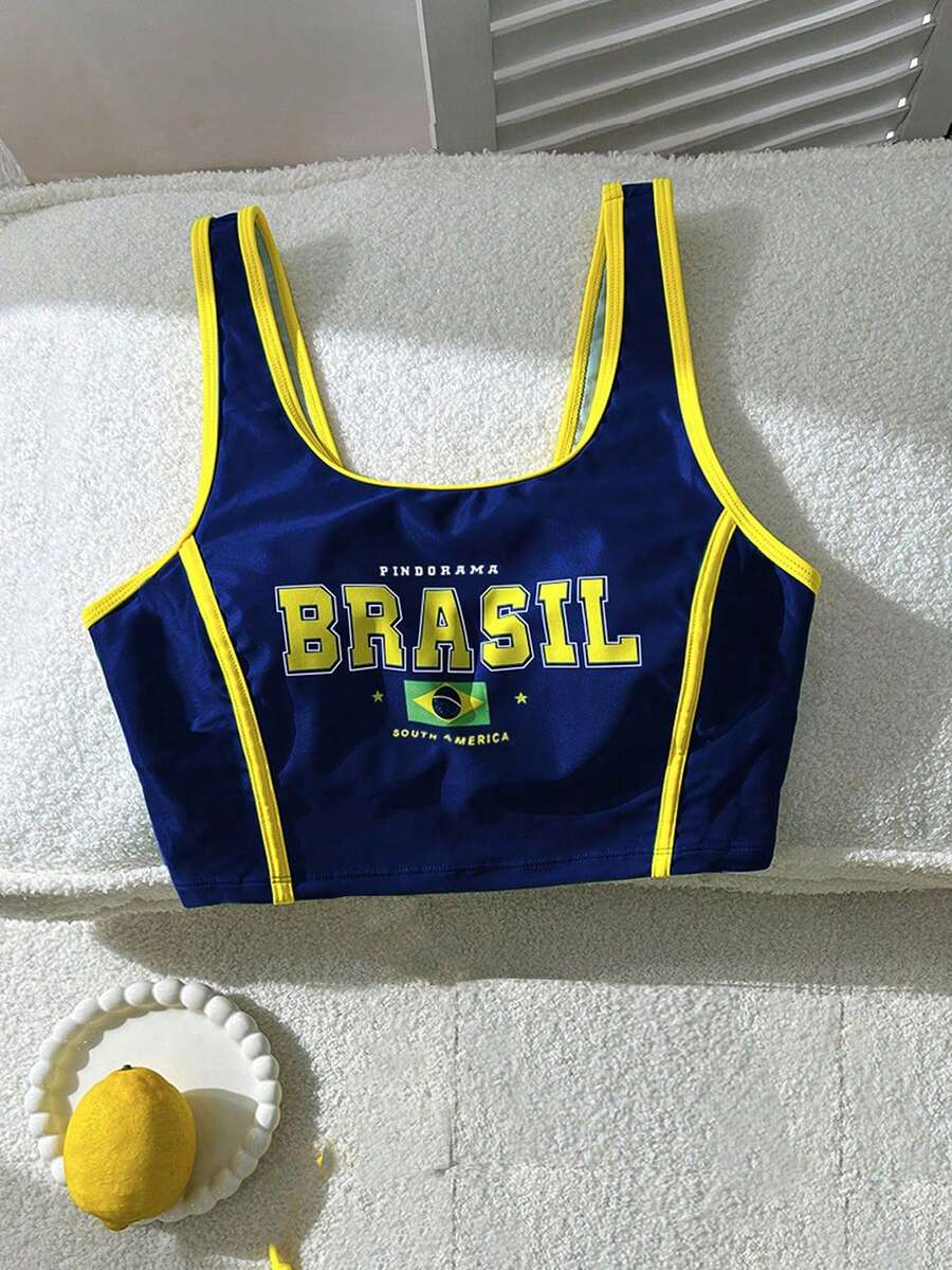 Swim Vcay 女士夏季沙滩休闲度假巴西字母印花泳衣上衣 - 藏蓝色 - 查看 1