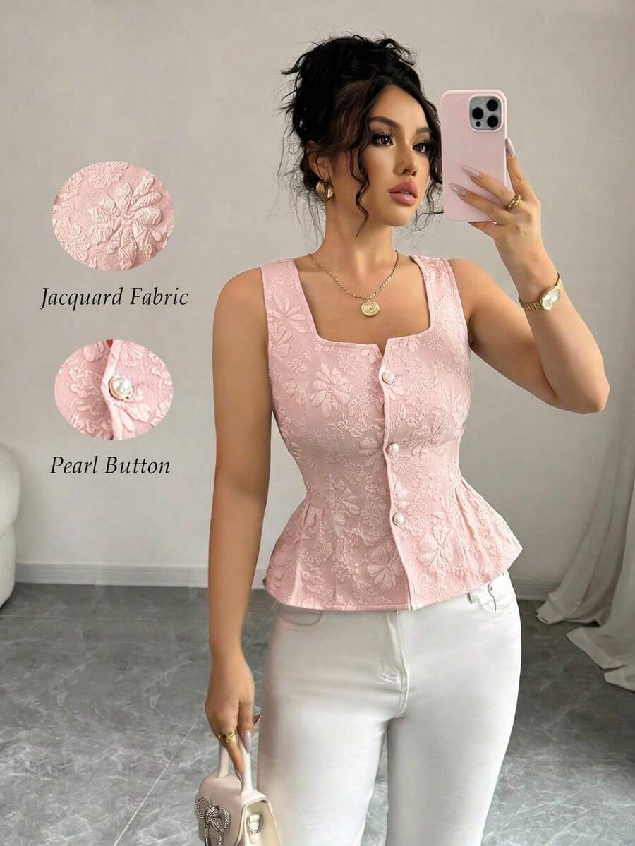 Rafferiza 休闲时尚百搭方领纽扣收腰修身无袖女式背心,优雅青春短款上衣,夏季新款,浅蓝色花卉纹理面料 - 粉色 - 查看 1