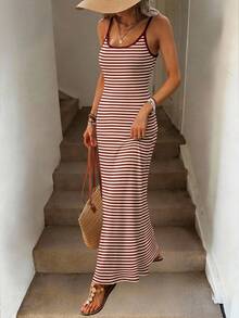 Easowa 女士撞色条纹吊带修身长连衣裙，适合春夏穿着，休闲百搭 - 彩色 - 查看 7