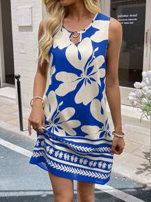Sylviya Women's Casual Floral Print Sleeveless Mini Vacation Dress - Blue - View 9