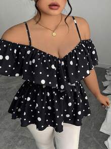 Elenzga Áo kiểu dáng chữ A thanh lịch, trễ vai, viền bèo nhún, cỡ lớn, thích hợp cho mùa xuân/hè. - Đen và trắng - Xem 5