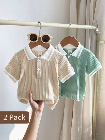 Souflis Souflis 2pcs/Set Boys' Summer Casual Solid Color Ribbed Polo Shirt & Shorts Set