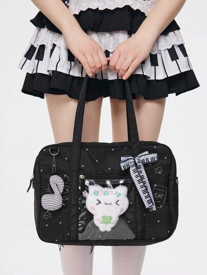 ROMWE Anime 1个可爱甜美蝴蝶结爱心蕾丝拼接波点波普艺术女士手提包，第二代零食数量音符音乐节透明分层徽章娃娃展示单肩包，适合购物、校园