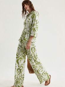 Frievida Vintage Floral Print Set On White & Green Background, Handmade, Casual Relaxed Vibe Suitable For Spring/Summer Vacation, Outdoor Travel, Daily Commute, Cinched Waist Design - Green - View 3