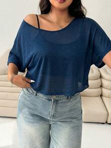 Solflare 大码女式宽松蝙蝠袖斜肩休闲T恤，藏蓝色 - 藏蓝色 - 查看 3