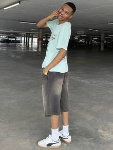 Ngobest Haus Ngobest Haus 男士浅绿色卡通鱼、字母、拉面、数字印花圆领短袖 T 恤，休闲日常穿着 - 綠色 - 查看 6