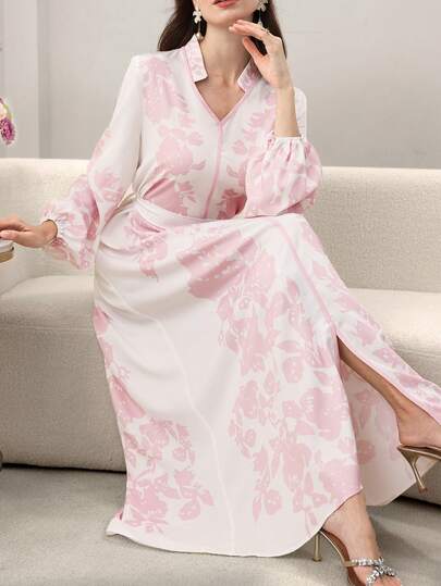 Yasmyna 优雅长袖印花喇叭腰连衣裙（女款）