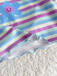 SHEIN 女婴可爱夏季休闲蓝色碎花条纹短袖T恤和裤子套装 - 紫色 - 查看 8