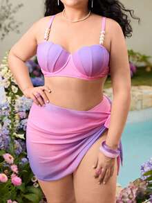 Swim Mod 3pcs Plus Size Women Floral Print Underwire Top, High Waist Bikini Bottom & Skirt Swimwear Set, Suitable For Beach & Vacation In Summer - Multicolor - View 4