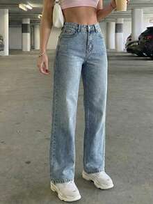 SHEIN Tall Women's Casual Washed High Waist Straight Leg Jeans - Light Wash - View 3