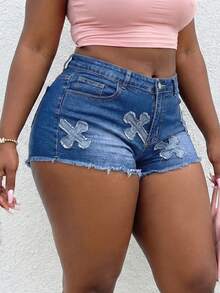 Slaydiva Große Größen Sommer Lässig Kreuz Applikation Denim Shorts - Blau - Übersicht 4