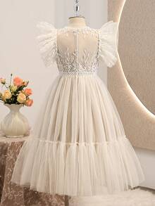 Tween-Mädchen Elegantes luxuriöses Tüll-Patchwork-Prinzessinnenkleid, geeignet für Geburtstagsfeiern, Hochzeiten, BlumenKleid - Aprikosenfarben - Übersicht 8