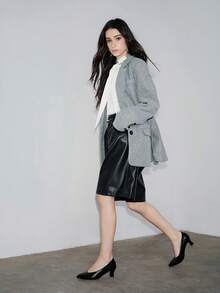 通勤哑光皮革套脚鞋，法式复古方头粗跟女鞋，优雅 - 黑色 - 查看 5