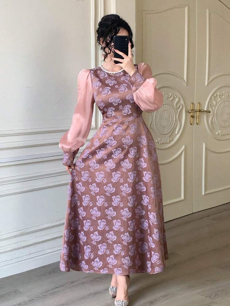 Women's Round Neck Printed Faux Pearl Decor Elegant Dress Maxi Dress Sundress