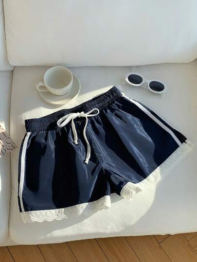 Comfortcana 女士刺绣宽松抽绳腰休闲短裤