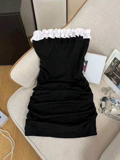 Resyla 女士撞色拼接荷叶边褶皱抹胸连衣裙