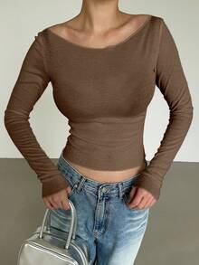 Livesso Women's Autumn New Off-Shoulder Fitted T-Shirt - Coffee Brown - View 3