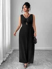 Elenzga Bộ jumpsuit đen không tay cổ chữ V khoét rỗng, cạp cao ống rộng dáng suông, phong cách thường ngày năng động, thanh lịch, phù hợp với xu hướng đô thị. - màu đen - Xem 7