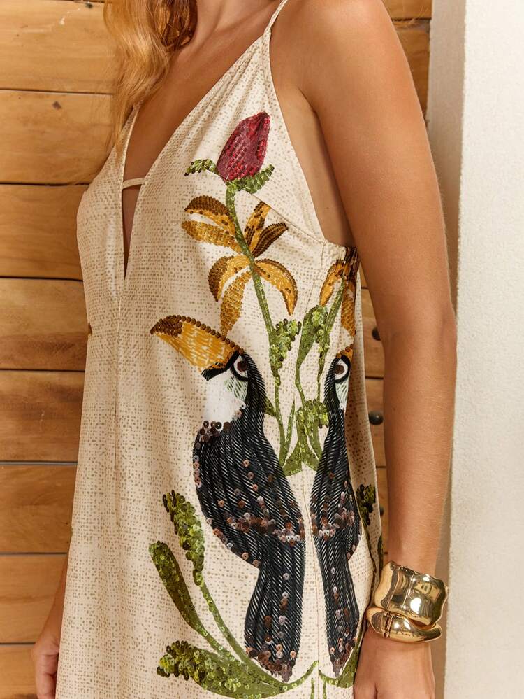 CAJUNI Macacão Sexy Feminino de Decote em V Profundo e Sem Mangas com Estampa Tropical - Multicolorido - Visão 6