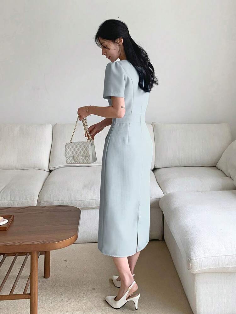 Women's Fitted Commuter Style Short Sleeve Single-Breasted Midi Dress Summer Sundress