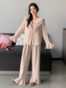 DAZY Women's Elegant Ruffle V-Neck Pajama Set, Spring - Pink - View 1