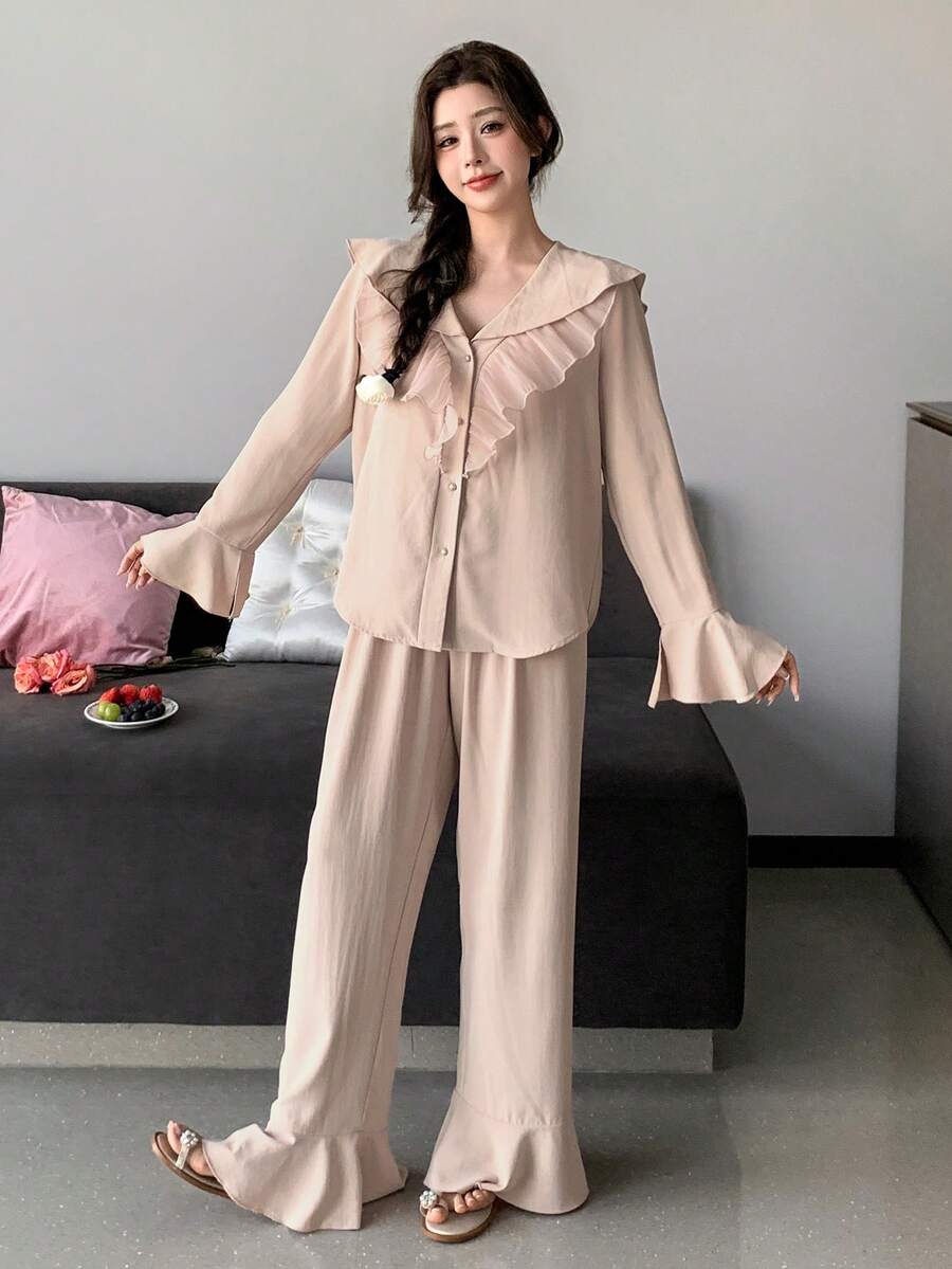 DAZY Women's Elegant Ruffle V-Neck Pajama Set, Spring - Pink - View 1