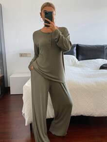 Bộ đồ mặc nhà tối giản màu trơn gồm áo khoác cardigan và quần dài dành cho nữ. - xanh quân đội - Xem 5